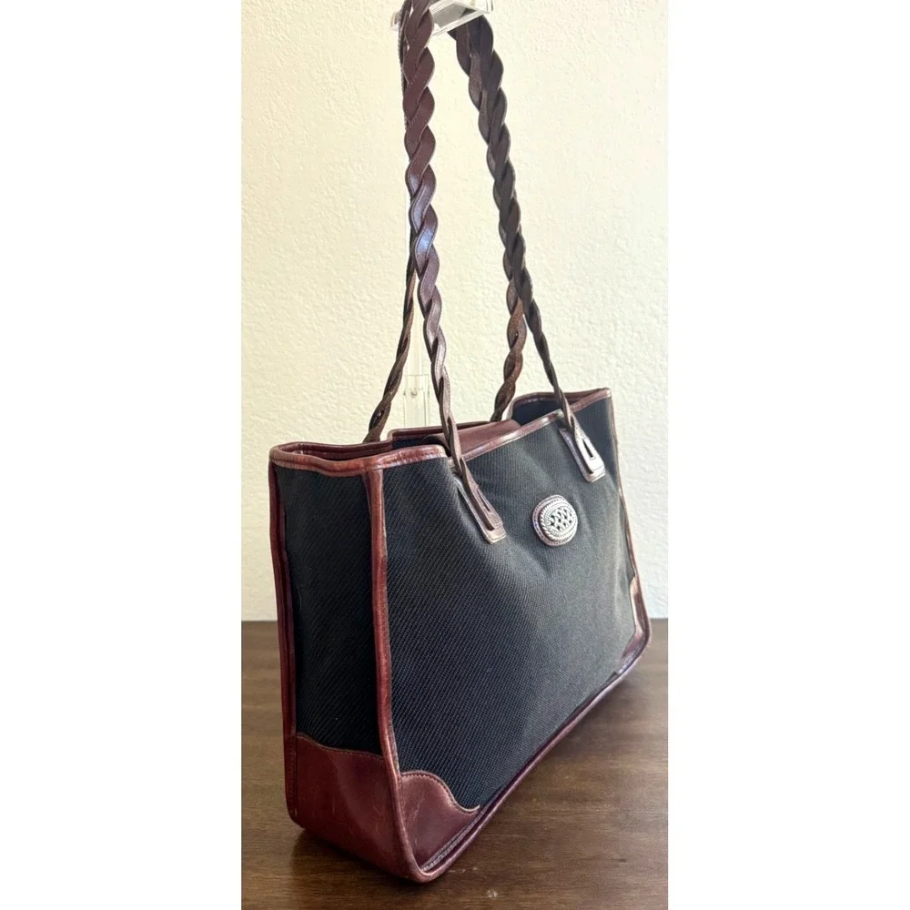 Brighton Jani‎ Tote Woven Black Fabric Brown Leather Trim Braided Handles Purse